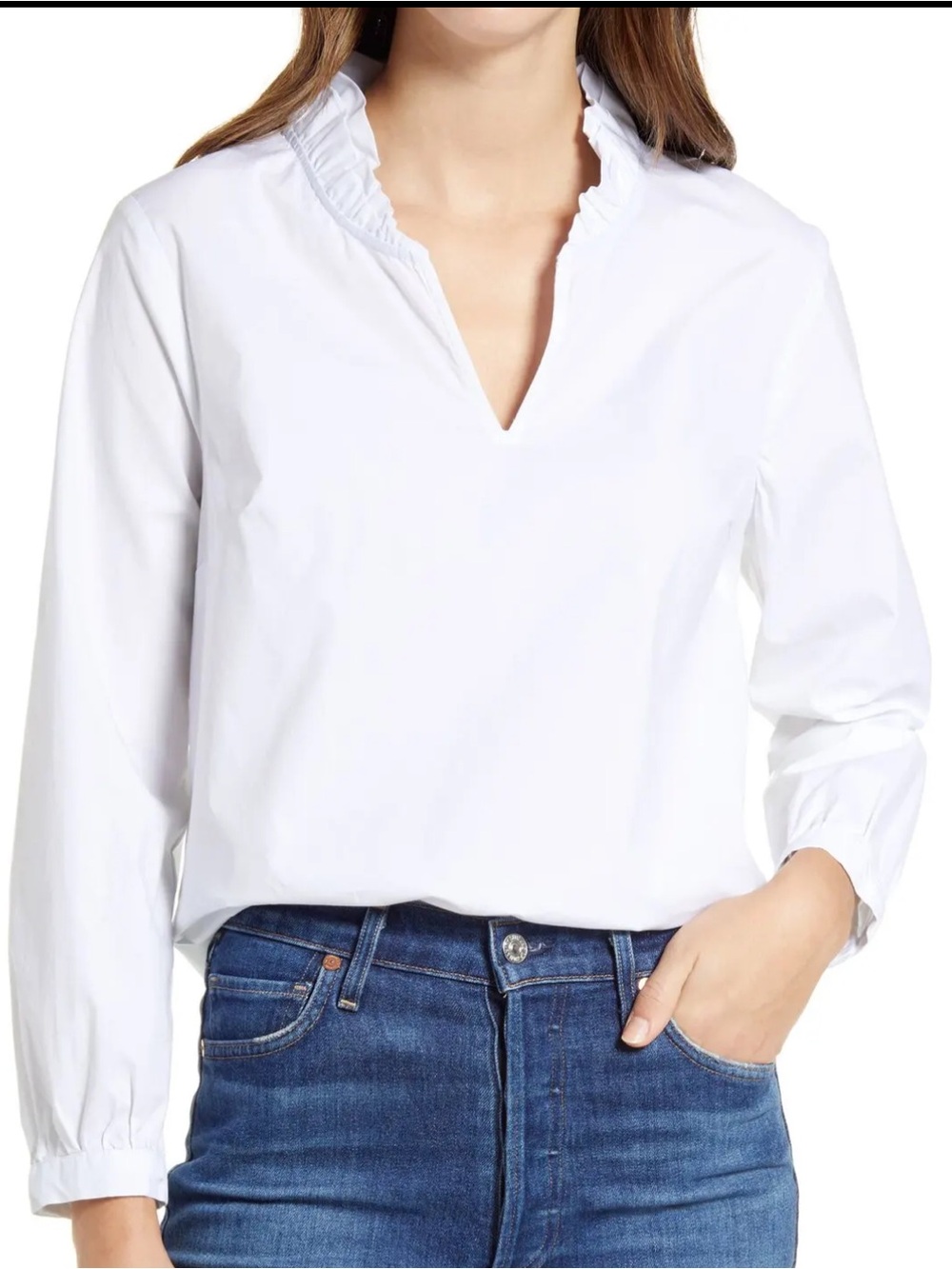 NWT VINEYARD VINES Ruffle Neck Stretch Cotton Popover Blouse. M